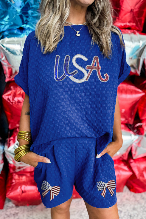 Sky Blue Sequined USA Bowknot Buttoned Back Textured Short Set